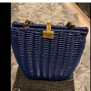 Vintage Wicker Navy Blue Hardshell Purse W/Strap